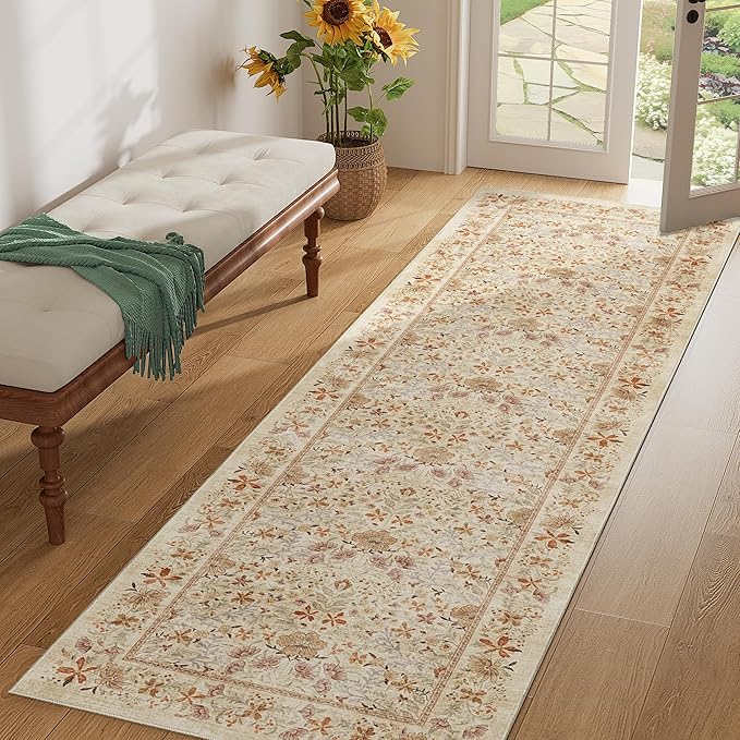 DUKINO 2.6x8 Runner Rug for Hallway, Washable Vintage Floral Kitchen Rug with Non Slip Backing, Soft Low Pile Throw Carpet Runner for Kitchen, Laundry, Hallway, Bathroom, Beige