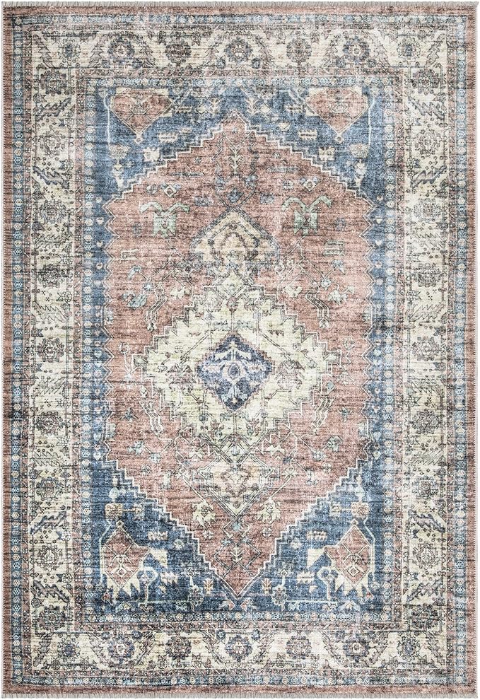 Bloom Rugs Caria Washable Non-Slip 6x9 Rug - Coral Pink/Ocean Blue Traditional Area Rug for Living Room, Bedroom, Dining Room, and Kitchen - Exact Size: 6' x 9'