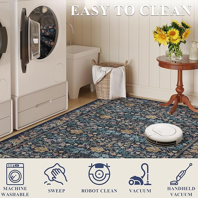 DUKINO 2.6x8 Runner Rug for Hallway, Washable Vintage Floral Kitchen Rug with Non Slip Backing, Soft Low Pile Throw Carpet Runner for Kitchen, Laundry, Hallway, Bathroom, Dark Blue