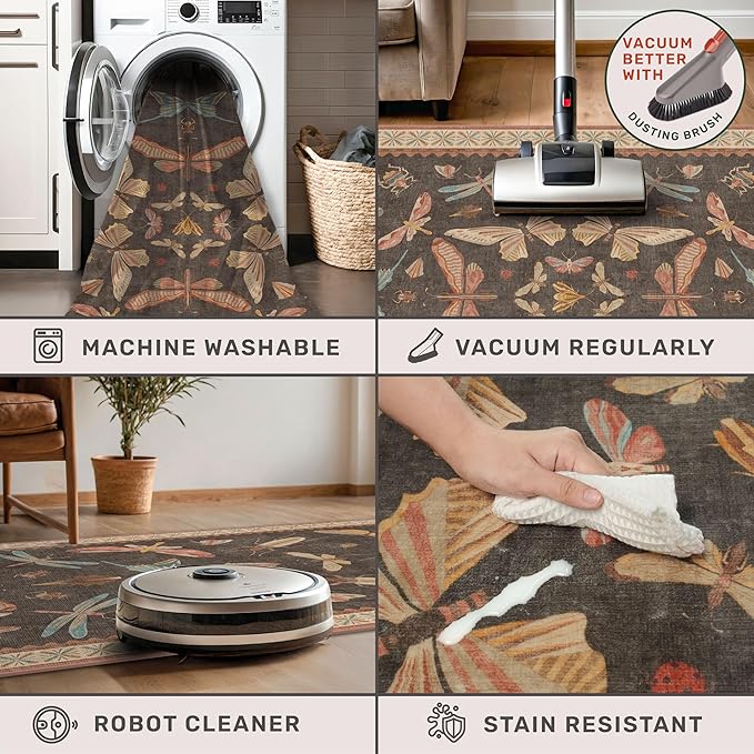 Brown Large 8x10 Living Room Area Rug, Unique Washable Insect Rugs for Bedroom, Stain Resistant Farmhouse Carpet for Dining Room, Whimsical Home Décor, Low Pile & Soft Mat