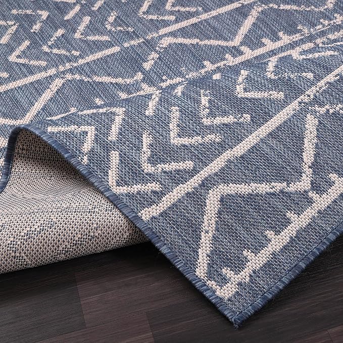 Beverly Rug Waikiki Indoor Outdoor Rug 6x9, Washable Outside Carpet for Patio, Deck, Porch, Trellis Area Rug, Water Resistant, Blue - White