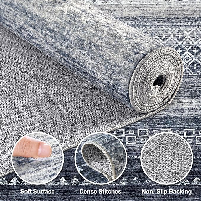 Nakagishi Area Rug Living Room Rugs: 7x9 Machine Washable Boho Large Neutral Farmhouse Stain Resistant Moroccan Indoor Floor Carpet for Bedroom Nursery Dorm Classroom Dining Room Home-Blue