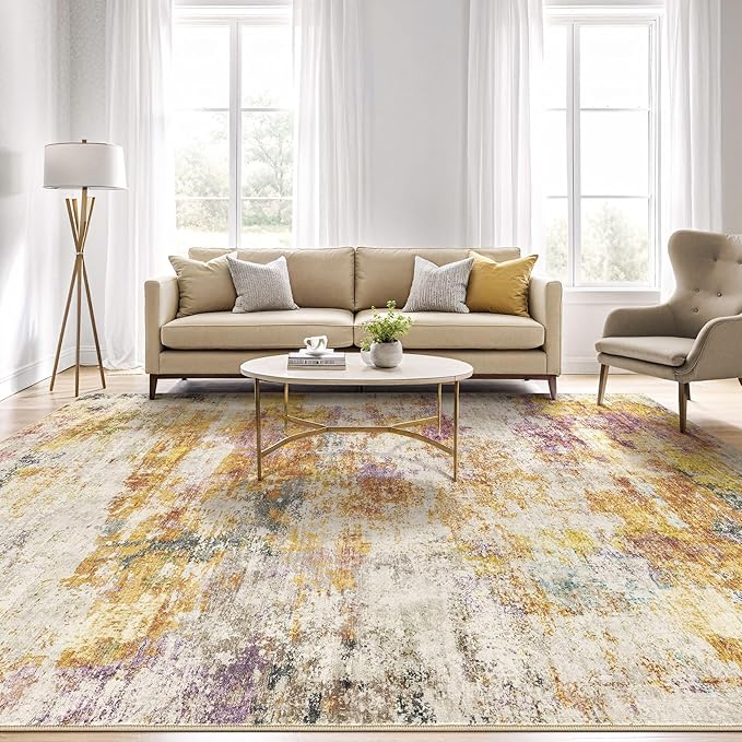 8X10 Area Rugs Living Room: Washable Large Abstract Soft Stain Resistant Indoor Floor Rugs Non Slip Accent Carpet for Bedroom Nursery Playroom Office Dining Room Dorm & Home- Gold Colorful