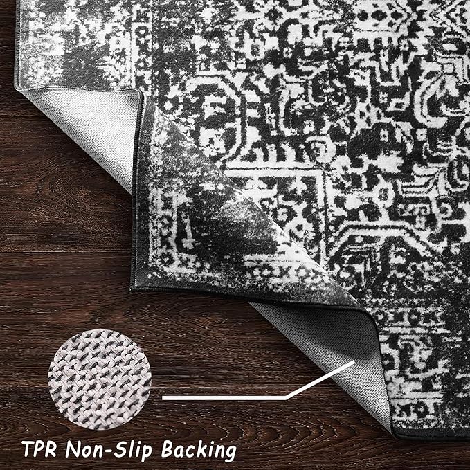 vivorug Round Rug 5ft Vintage-Inspired Round Area Rug Non-Slip Indoor Carpet for Living Room Bedroom Entryway, Stain Resistant Home Decor Circle Rug, Black and White