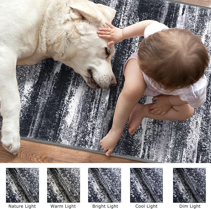 Modern Abstract Runner Rug 2x5, Black Grey Washable Kitchen Runner Entryway Rug Mat Non-Slip Soft Hallway Rug Runner Thin Print Faux Wool Carpet for Bedroom Laundry Room Indoor