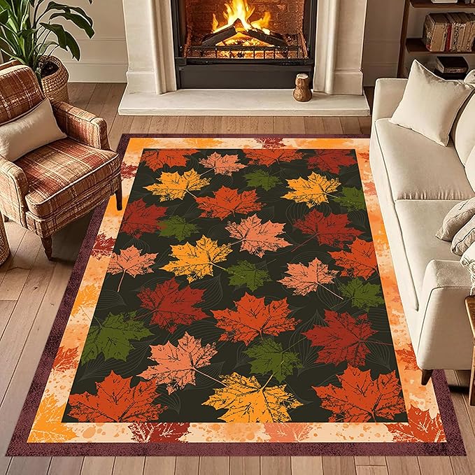 Fall Themed Area Carpet, 5x6ft, Autumn Fallen Leaves Print Pattern Retro Rustic Style Dark Stain Resistant Throw Rug, Low-Profile Non Slip Breathable Floor Mat for Dining Room Laundry