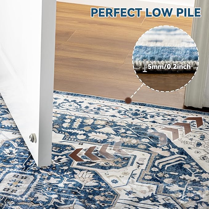 EnHomee 3x5 Washable Area Rugs for Bedroom, Boho Vintage Rugs, Foldable Area Rug for Dining Room, Non-Slip Soft Living Room Rug, Low Pile Large Carpet for Bathroom, Blue and White