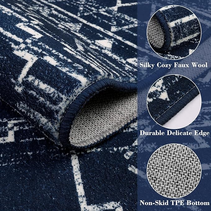 Wonnitar Washable Runner Rug for Kitchen, 2'6"x8' Moroccan Blue Hallway Carpet Runner, Non-Slip Long Geometric Rustic Entryway Floor Runner Soft Throw Mat for Bedroom Bathroom Closet (Blue,2'6"x8')