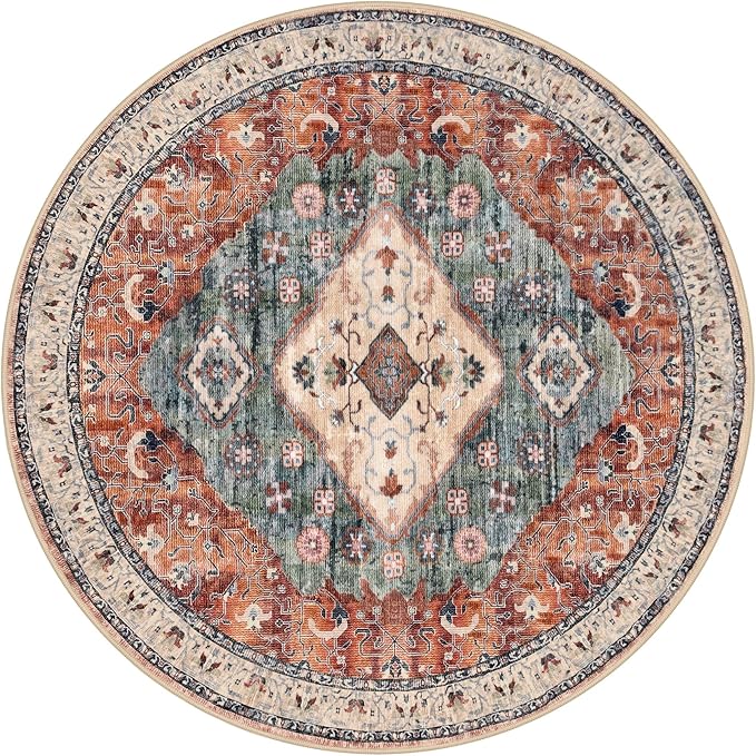 KOZYFLY Boho Round Rug 5 Ft Rugs for Entryway Washable Circle Rug Non Slip Doormat Rust/Orange/Blue Printed Faux Wool Vintage Round Entryway Rug Floor Carpet Round for Entrance, Bedroom
