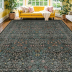Washable Dark Green Rug for Living Room - 8x12 Large Area Rug for Dining Room Under Table, Bedroom, Soft Low Pile Non-Slip Stain Resistant Carpet - Vintage Floral Décor
