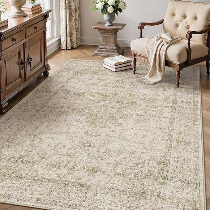 HUGEAR 3x5 Entryway Area Rug Retro Beige Small Rug Machine Washable Door Mat Vintage Floral Low Pile Carpet Distressed Throw Rug Entrance Kitchen Bedroom Bathroom Office Non Slip Soft Lightweight