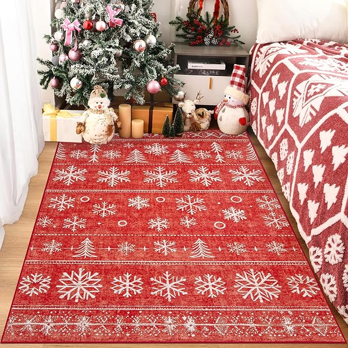 Area Rug 4x6 Christmas Rugs, Machine Washable Boho Christmas Tree Snowflake Rug Non-Slip Soft Low Pile Holiday Indoor Rugs for Bedroom Kitchen Dining Room Office(Xmas Red, 4'x6')