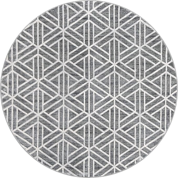 Rugs.com Lattice Trellis Collection Rug – 8 Ft Round Gray Low-Pile Rug Perfect for Kitchens, Dining Rooms