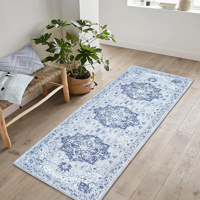 Bloom Rugs Washable Non-Slip 12 ft Runner - Gray/Blue Traditional Medallion Runner for Entryway, Hallway, Bathroom, and Kitchen - Exact Size: 2.5' x 12'