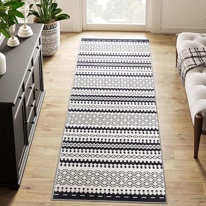 jinchan Moroccan Runner Rug 2x8 for Hallway - Geometric Honeycomb Modern Geometric Machine Washable Soft Ultra-Thin Non-Slip Carpet for Kitchen Bedroom Laundry Room (2x8ft, Black)