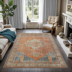 GLN Rugs Traditional Collection - Machine Washable Area Rug, Traditional Washable, Non Slip, Low Pile Chenille Rug, Living Room, Bedroom, Kitchen Rug (4' x 6' Terra/Multicolor)