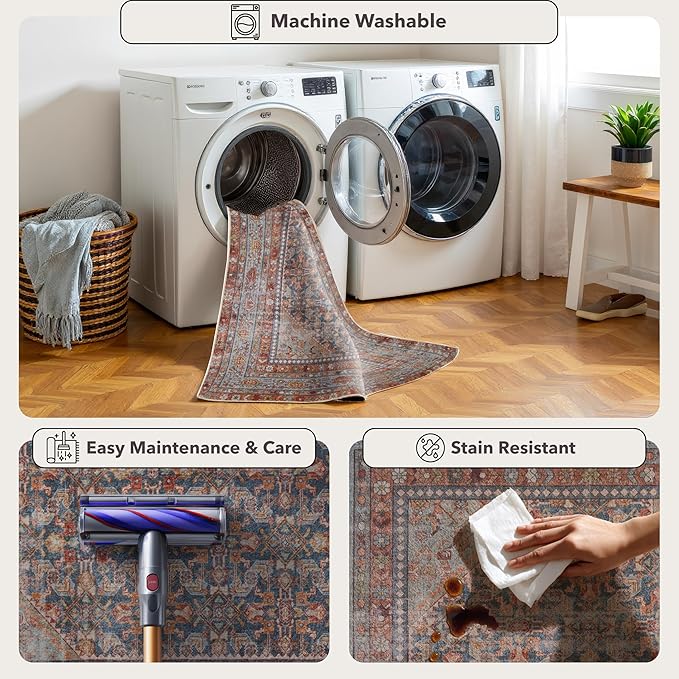 Kuden 6x9 Area Rug, Machine Washable Area Rug with Non-Slip Backing, Vintage Style, Soft, Easy Clean, Low Pile Rug for Living Room, Bedroom, Dining Room