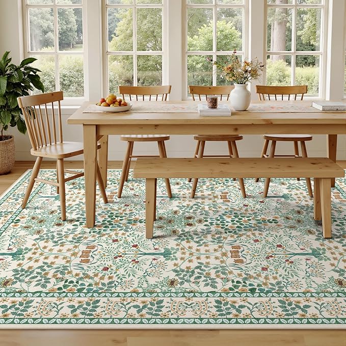 9x12 Area Rug Living Room Rug - Floral Vintage Forest Washable Carpet, Low Pile Non-Slip Stain Resistance Boho Soft Large Carpet for Bedroom, Dining Room Under Table, Farmhouse (9'x12' Beige Green)