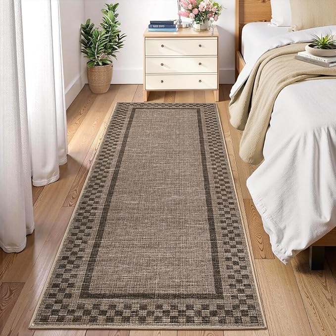 GarveeHome Runner Rug 2x6 for Kitchen Non Slip Washable Hallway Runner Rugs Modern Bordered Bathroom Throw Mat Soft Non Shedding Checkered Runners Geometric Area Rug for Bedside Living Room, Brown