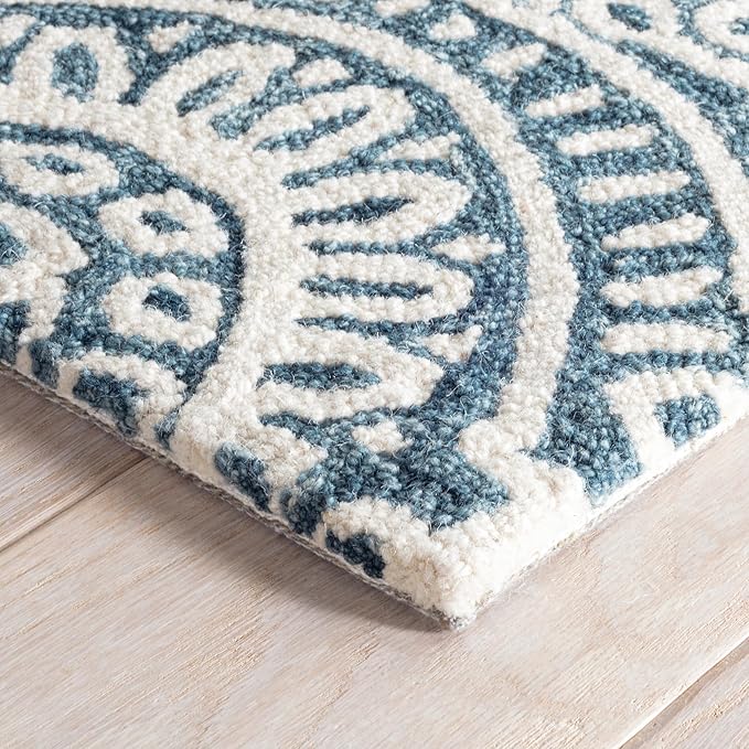 Dash & Albert Temple Ink Hand Micro Hooked Wool Rug, 2.5 X 8 Feet, Blue Geometric Pattern