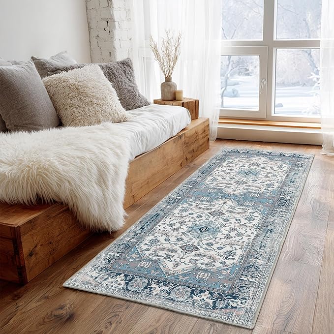 XWZO Runner Rug 2x6ft, Washable Hallway Runner with Non-Slip Backing, Vintage Spill Stain Resistant Floor Mat for Entryway Corridor Bedroom Kitchen, Soft Low-Pile Area Carpet, Blue