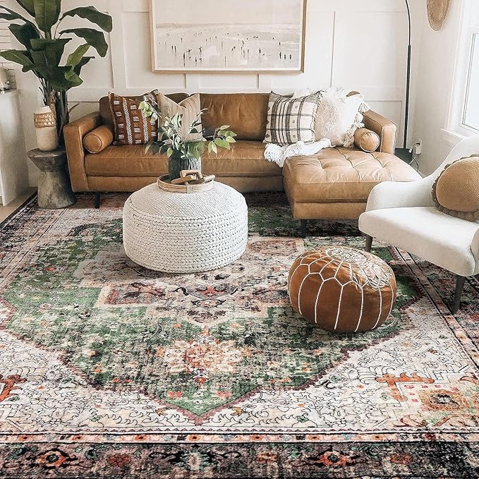 Area Rug 6x9 for Living Room Green Boho Rug Non-Slip Washable Vintage Low Pile Large Rug for Bedroom Dining Room