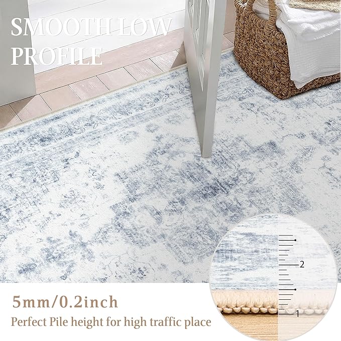 Washable Rug 9x12 Area Rug for Living Room Blue Vintage Boho Medallion Large Distressed Retro Carpet Non Slip Indoor Low Pile Small Soft Bedroom Dining Room Home Office