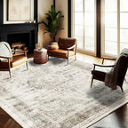 Washable Area Rug 9'x12' Retro Floral Khaki Boho Design Non-Shedding Easy Care Ideal for High Traffic Areas in Living Room Bedroom Office Coffee Table Kitchen Large Carpet