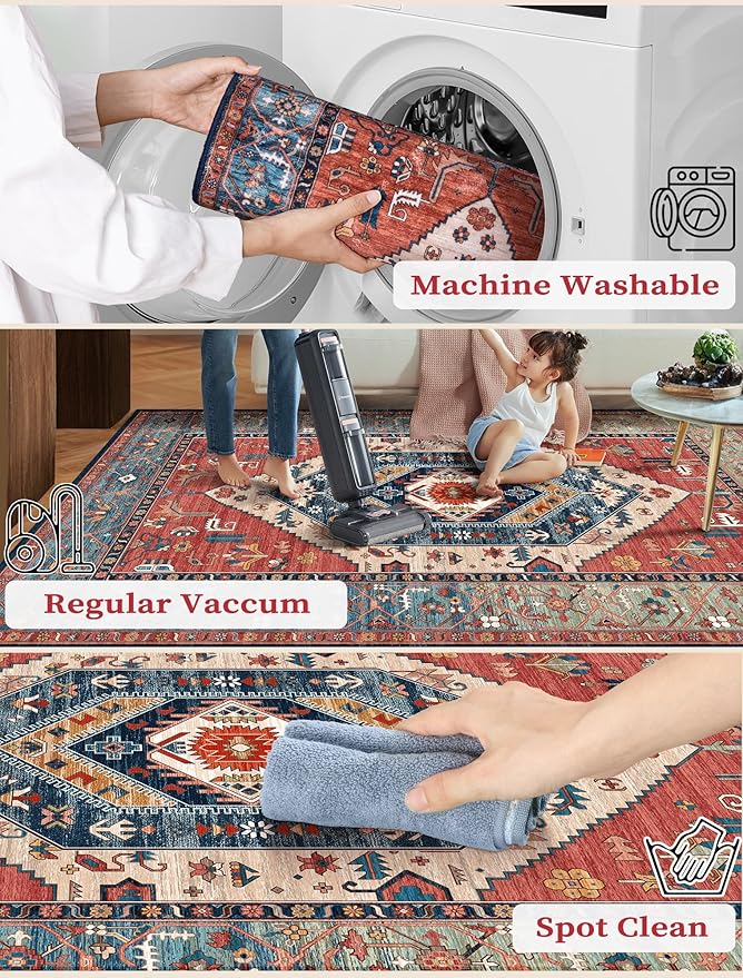 SERISSA Runner Rug for Hallways, 2'6"x10' Washable Non Slip Kitchen Runner Rug, Long Boho Rug Vintage Rust Hallway Stair Ultra Soft Print Floor Carpet for Bedroom Bathroom Laundry Room