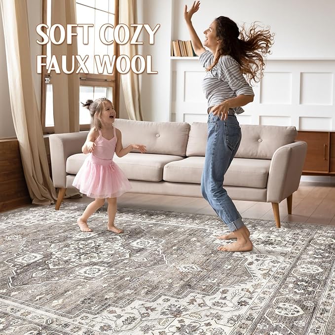 7x9 Area Rug Living Room: Washable Boho Large Neutral Vintage Soft Rugs Stain Resistant Farmhouse Non-Slip Indoor Rustic Floor Carpet for Bedroom Nursery Kids Playroom Office Dining Room- Dark Brown