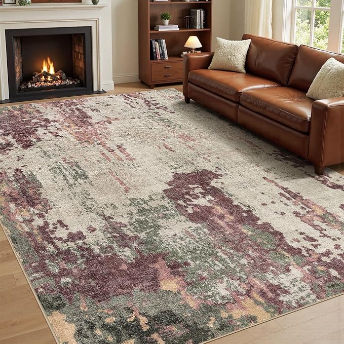 8x10 Area Rug Living Room Rugs - Washable Neutral Modern Abstract Soft Thin Rug Indoor Floor No Slip Rug Carpet for Bedroom Under Dining Table Home Office Decor - Purple/Green/Beige