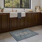 Bavni Washable Rug 2x4, Non Slip Small Runner for Entryway, Kitchen or Bathroom, Vintage Print Thin Low Pile Indoor Carpet, Blue