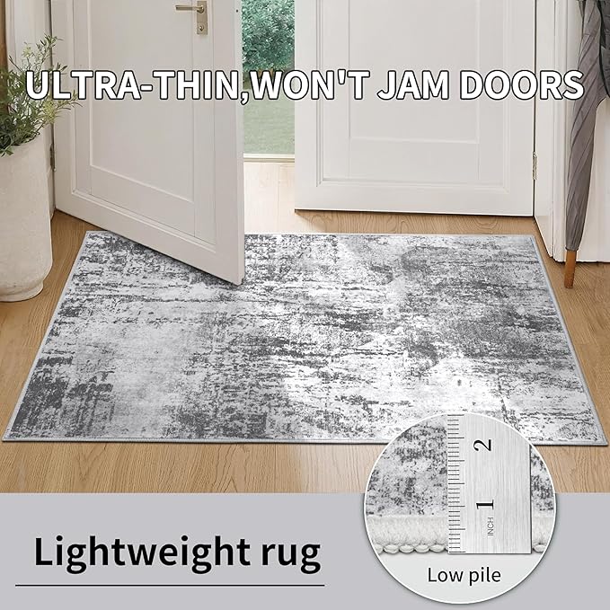 Ciicool Modern Abstract Area Rug 2x3 Washable Small Entryway Rugs, Non-Slip Low Pile Throw Rug Mat, Foldable Thin Kitchen Bathroom Rug, Grey Floor Carpet for Entrance Living Room Indoor Doormat