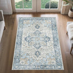 3x5 Area Rugs for Living Room, Machine Washable Rug, Non Slip Vintage Rugs, Low Pile Lightweight Print Rug for Bedroom, Dining Room, Home Office, Blue