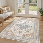 4x6 Area Rugs Washable Rug: Boho Large Neutral Vintage Soft Rug Stain Resistant Distressed Farmhouse Non-Slip Indoor Floor Carpet for Bedroom Entryway Nursery Kids Office Dining Room- Beige Blue