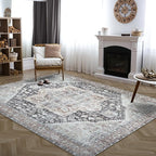 Bloom Rugs Washable Non-Slip 8' x 10' Rug - Charcoal/Brown Traditional Medallion Area Rug for Living Room, Bedroom, Dining Room, and Kitchen - Exact Size: 8' x 10'