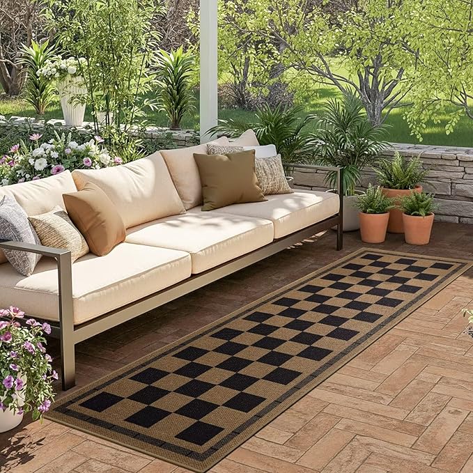 Vasofe 2x6 Runner Rug for Hallway, Washable Checkered Jute Rugs, Outdoor Indoor Patio Porch Balcony Bedroom Kitchen Laundry Geometric Mat, Non Slip Plaid Farmhouse Design Carpet, Black and Brown