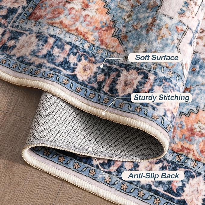 Tangsoo 3x5 Rug for Bedroom, Washable Vintage Rugs Indoor, Non Slip Accent Rug, Print Distressed Blue/Beige Carpet, Soft Low Pile for Living Room Dorm Bedroom Bedside Entryway Bathroom