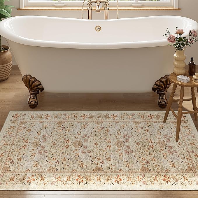 DUKINO 2x4 Rug for Entryway, Lightweight Washable Runner Rug with Non Slip Backing, Vintage Floral Low Pile Small Carpet Runner for Kitchen, Hallway, Entryway, Bathroom, Bedroom, Beige