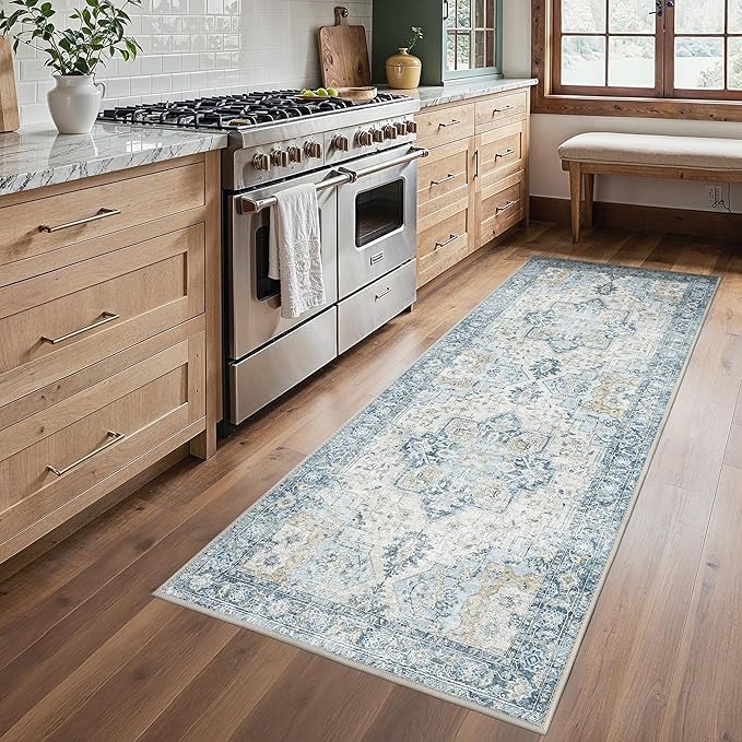 Runner Rug 2'6''x6, Non Slip Vintage Hallway Runner Rugs, Machine Washable Runners, Low Pile Lightweight Mat for Entryway, Hallway, Kitchen and Corridor, Blue