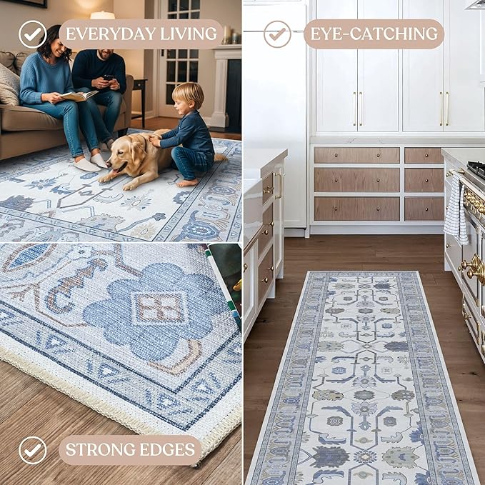 Fame Living Cream Blue Oushak Rug, Modern Rugs, Vintage, Turkish, Eclectic, Floral, Pastel, Washable, Small Throw, Accent Area Rug for Living Room, Bedroom, Kitchen, Bathroom, 2'5"x4'9