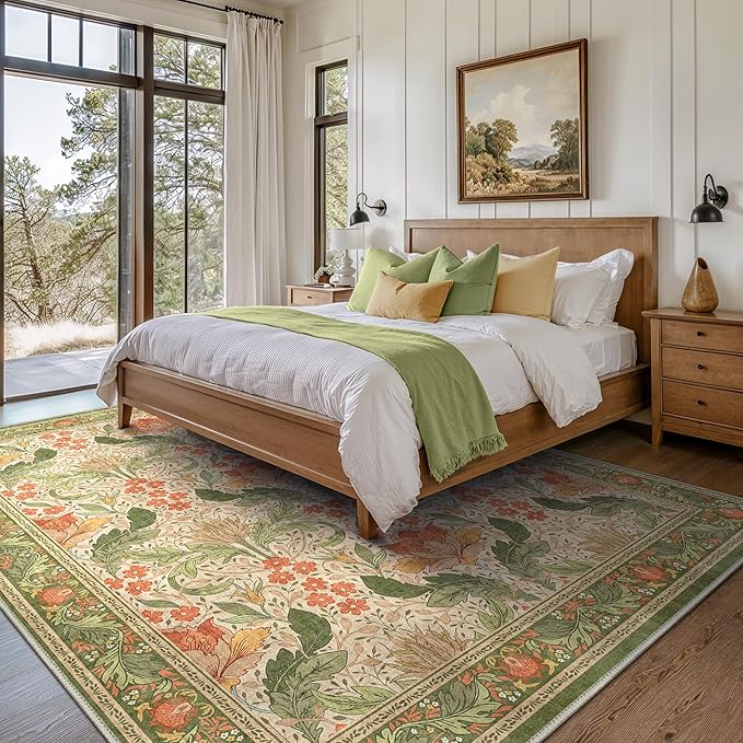 Bavni 5x7 Area Rugs for Living Room, Microfiber Machine Washable Non-Slip Vintage Floral Rug, Low Pile Lightweight Carpet for Bedroom, Dining Room, Home Office, Sage Green & Burnt Orange