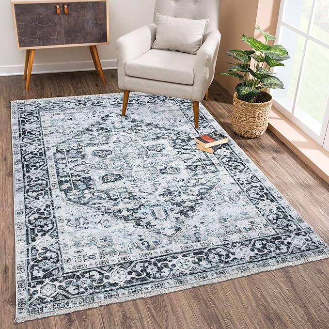 Bloom Rugs Washable Non-Slip 2x3 Rug - Denim Blue Traditional Oriental Area Rug for Living Room, Bedroom, Dining Room, and Kitchen - Exact Size: 2' x 3'