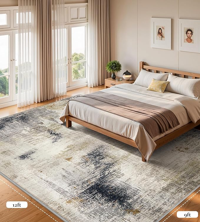 Area Rugs 9x12 Living Room - Modern Abstract Large Rugs for Living Room Non-Slip Low Pile Soft Machine Washable Carpet for Bedroom, Under Dining Table, Nursery, Farmhouse (9'x12' Beige Tan)