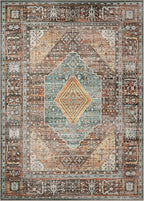 Bavni Washable Rug 3x5 Area Rug for Living Room Bedroom Dining, Washable Print Carpet, Low Pile Lightweight Rug with Non Slip Backing, Vintage Brown/Blue
