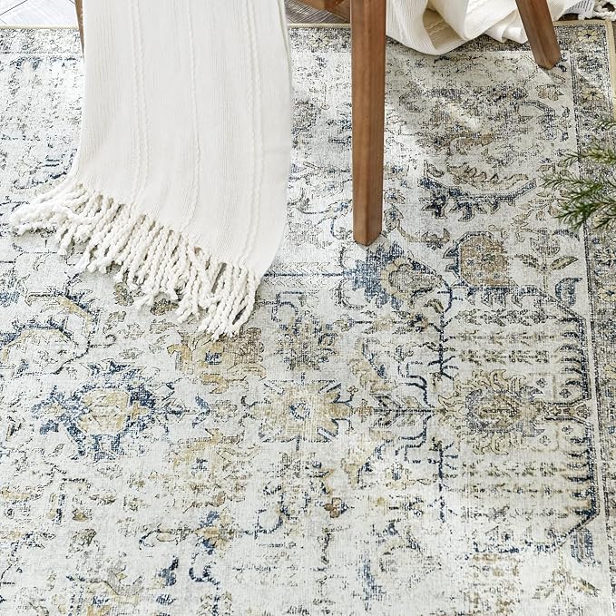 jinchan Kalen Runner Rug 2x10 Washable Hallway Rug Vintage Runner Indoor Floor Cover Thin Retro Distressed Floral Country Non Slip Carpet for Entryway Bathroom Bedroom Living Room Stairway Blue