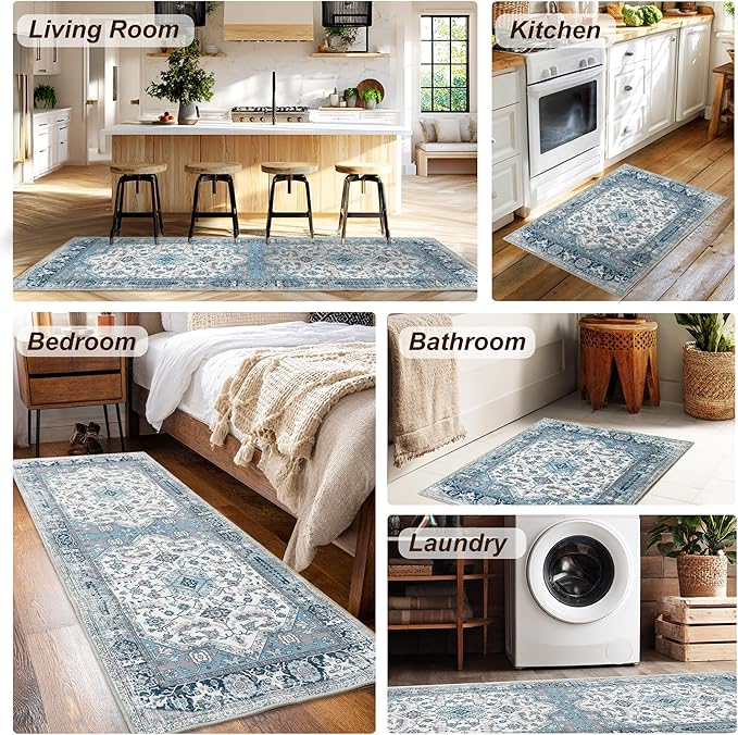 XWZO Entryway Area Rug 2x3ft — Soft Vintage Low Pile Door Floor Mat with Non Slip Backing for Bedroom Bathroom Kitchen Laundry, Spill Resistant Washable Small Indoor Carpet for Doorway Entrance, Blue