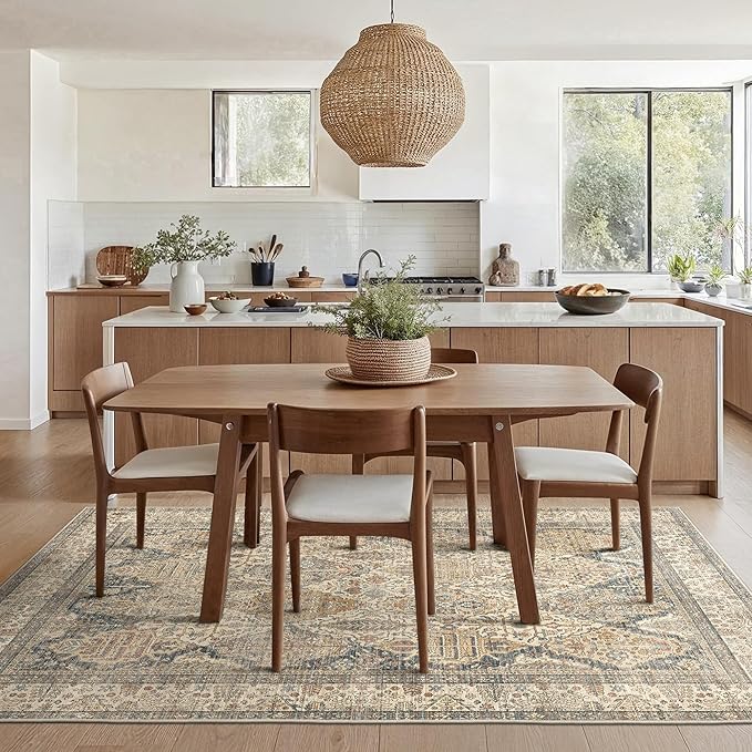 GENIMO 6x9 Area Rugs for Living Room, Machine Washable Low Pile Rugs, Chenille Non Alip Vintage Rug for Bedroom, Dining Room, Home Office, Beige Khaki