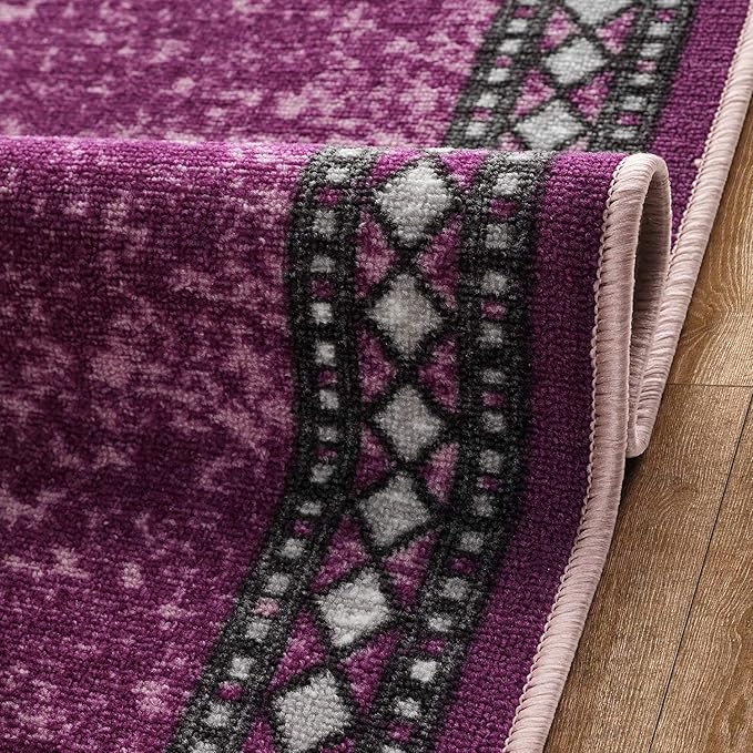 Antep Rugs Alfombras Modern Bordered 2x10 Non-Skid (Non-Slip) Low Profile Pile Rubber Backing Indoor Area Runner Rugs (Purple, 2' x 10')