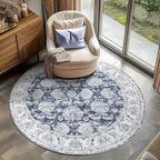 jinchan Fiora Round Rug 5ft Area Rugs Vintage Floral Distressed Design - Machine Washable Non-Slip Low-Pile Ultra-Thin Circle Rug for Entryway Bedside Living Room Bedroom (5' Round, Dark Blue)